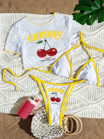 CHERRY Bikini 2026 New Sexy & Fresh Feeling Bathing Suit Three-Piece Swimsuit Print Beach Swimwear 7 Colors Size S-XL Available