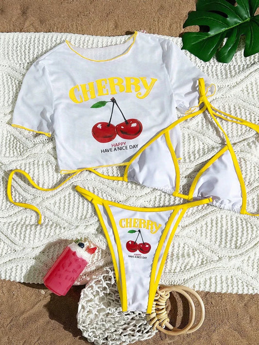 CHERRY Bikini 2026 New Sexy & Fresh Feeling Bathing Suit Three-Piece Swimsuit Print Beach Swimwear 7 Colors Size S-XL Available