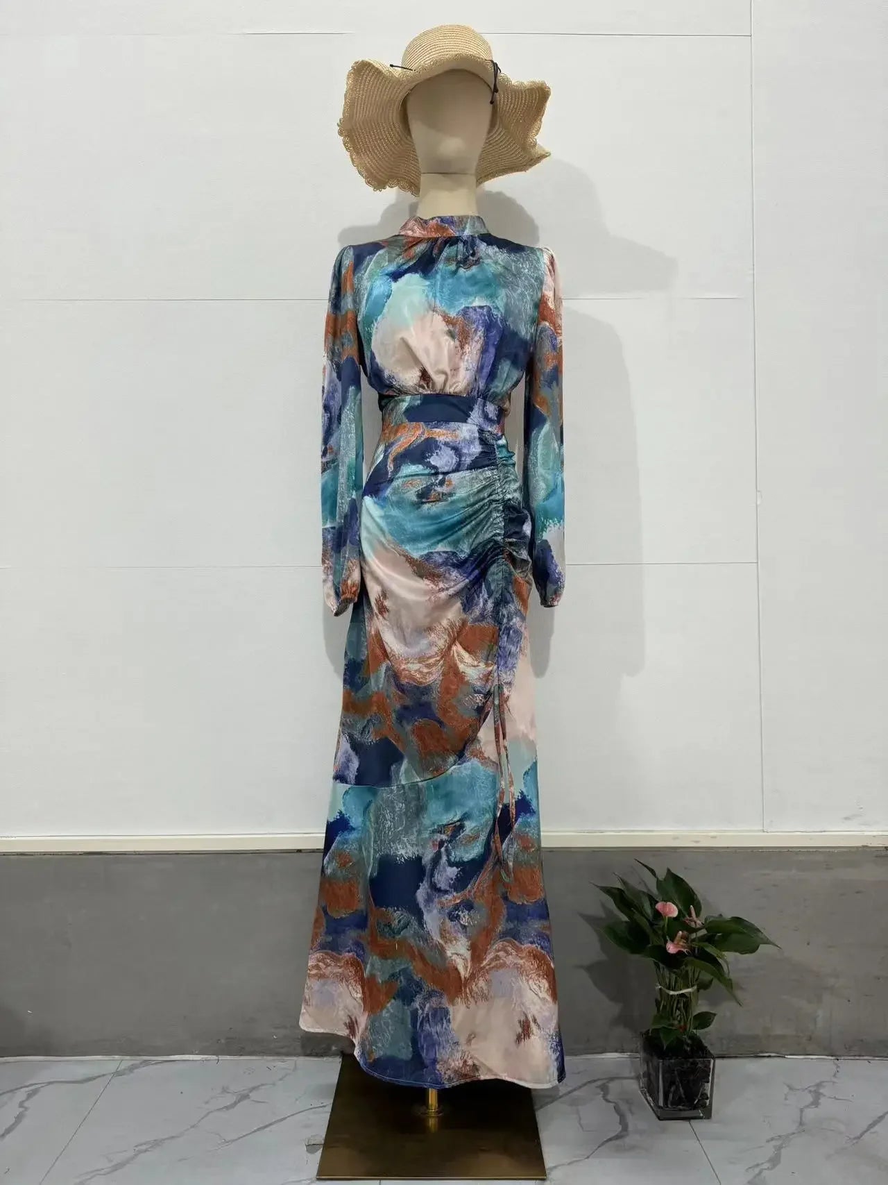 Colorful Printed Pleated Dress Women Half High Collar Long Lantern Sleeves Dresses Female Fashion Drawstring Slim Commuter Robe