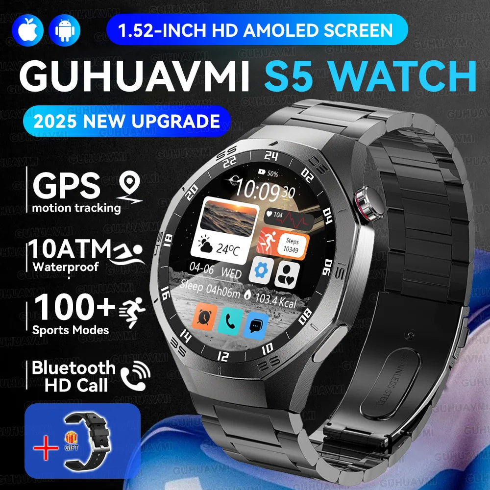 Luxury Metal Smart Watch For Men AMOLED Screen Bluetooth Call GPS Tracking Sports Heart Rate Monitor Smart watch For Android iOS