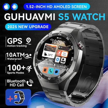 Luxury Metal Smart Watch For Men AMOLED Screen Bluetooth Call GPS Tracking Sports Heart Rate Monitor Smart watch For Android iOS