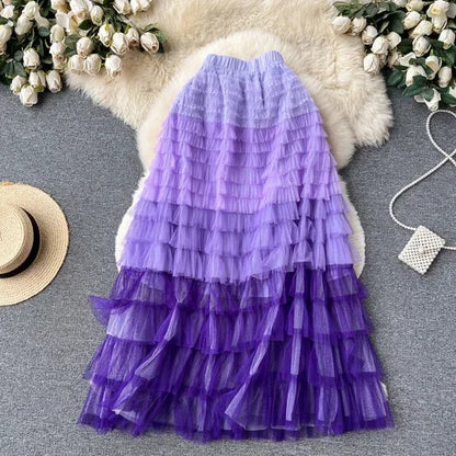 Voille Skirts Women Gradient Y2k High Waist Elastic Jupe Ladies Tulle Mujer Faldas Ruffles Long Female Mesh Skirt Dropshipping