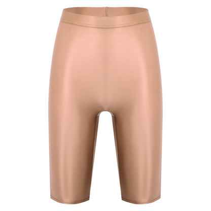 Women Glossy Shorts High Waist Fitness Short Leggings Oil Shiny Knee-Length Tights Swimming Trunks Female Workout Sports Bottoms