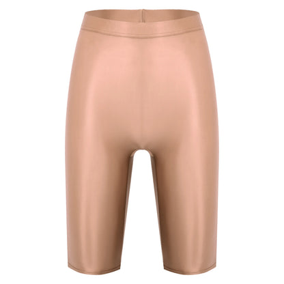 Women Glossy Shorts High Waist Fitness Short Leggings Oil Shiny Knee-Length Tights Swimming Trunks Female Workout Sports Bottoms