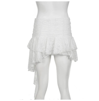 White Lace Halter Stage Performance Skirt Asymmetrical Midi Skirt Smart Dance Costume Korean Style Commute Polyester Fabric