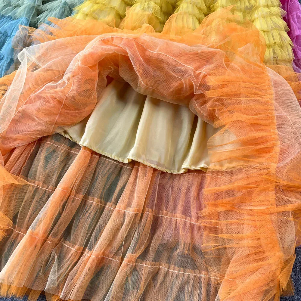Voille Skirts Women Gradient Y2k High Waist Elastic Jupe Ladies Tulle Mujer Faldas Ruffles Long Female Mesh Skirt Dropshipping