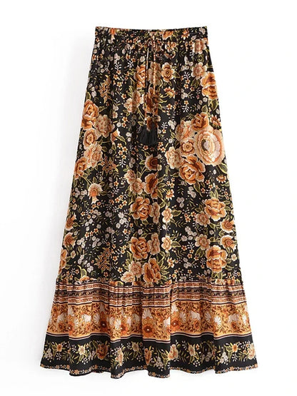 Vintage Summer Fashion Women Floral Print Beach Bohemian Pleated Skirt Beachwear Lady High Waist A-Line Rayon Boho Maxi Skirts