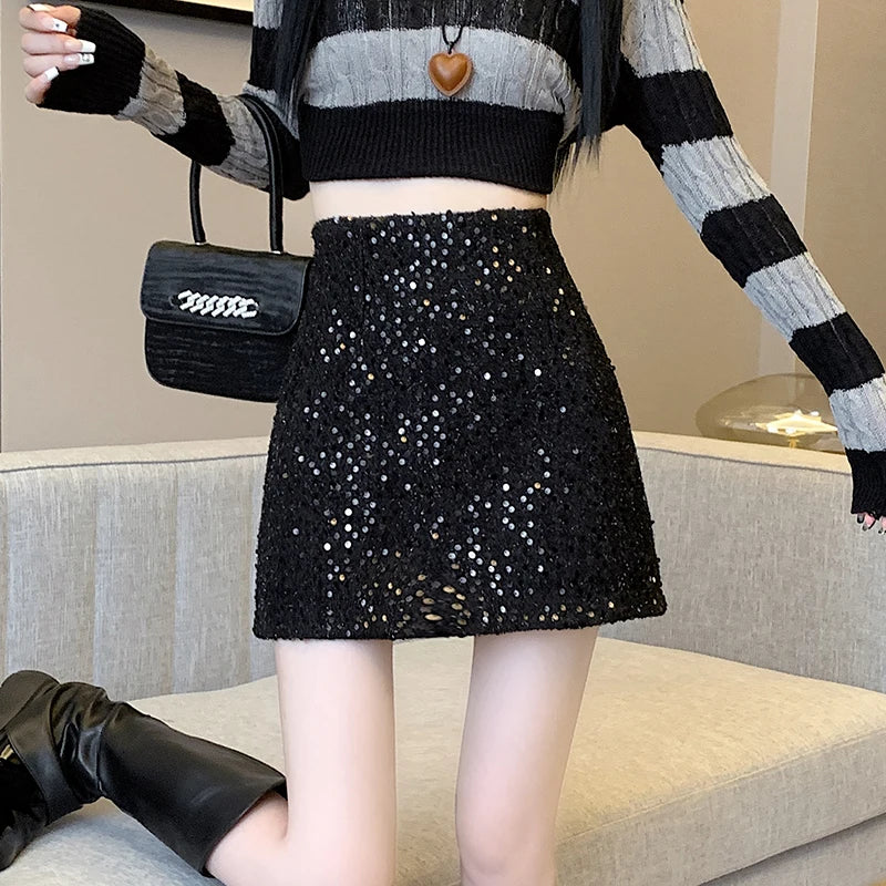Fashion Y2K Streetwear Winter Mini Skirt Women Glitter Sequin Bodycon Tweed Skirts With Shorts A-Line Pink White Black Faldas