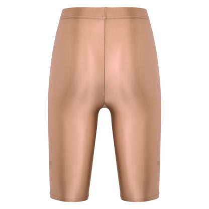 Women Glossy Shorts High Waist Fitness Short Leggings Oil Shiny Knee-Length Tights Swimming Trunks Female Workout Sports Bottoms