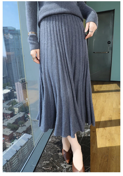mink cashmere skirt Fashion long dress women A-line skirt autumn winter loose pleated skirt elegant high-waisted skirt ladies