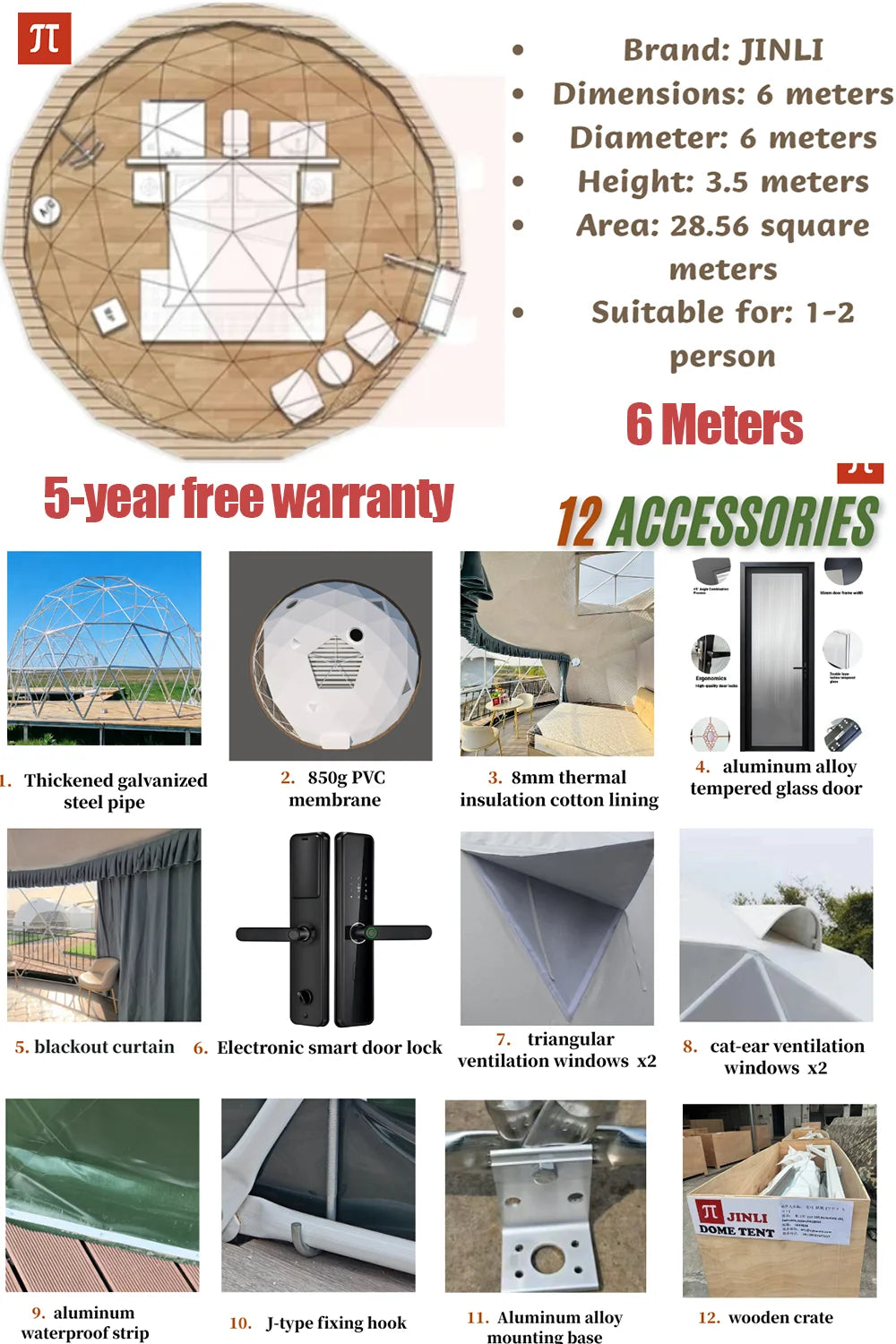 Spherical tent, geodesic tent, dome tent, galvanized steel pipe frame, PVC waterproof tarpaulin, wind-resistant, pressure-resist