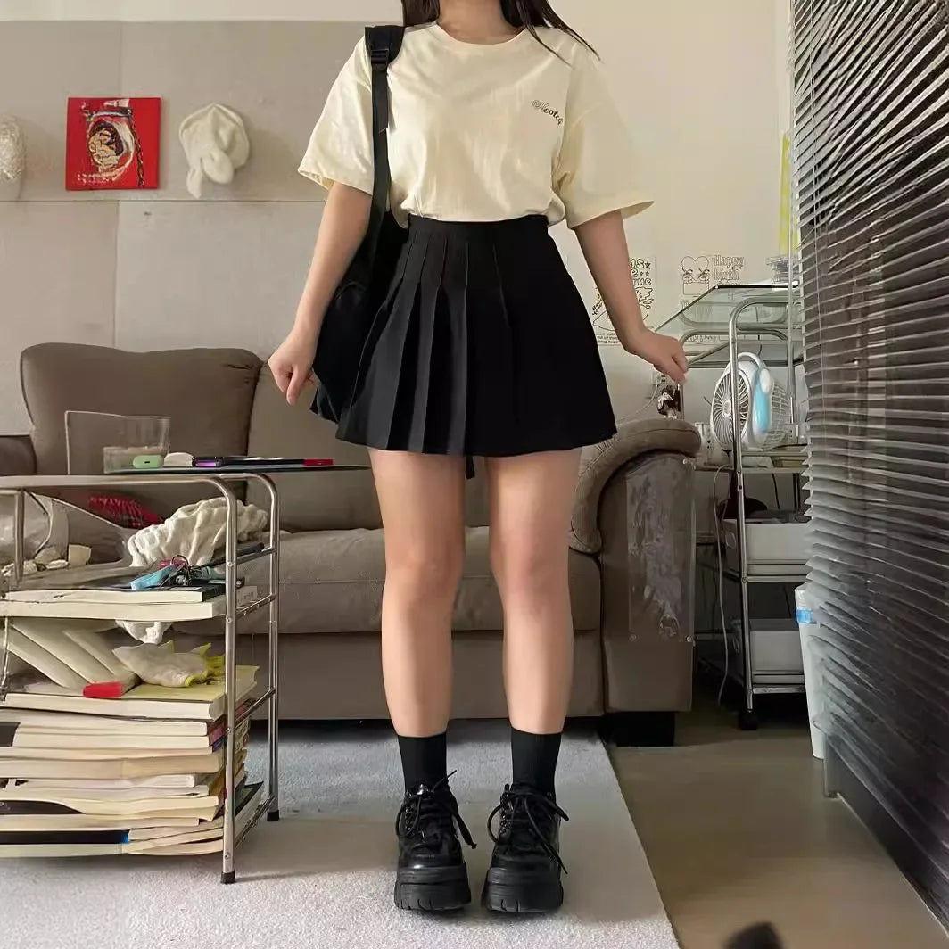 High-Waisted Slimming Pleated Mini Dress Plus Size Black Hip Covering A- Line Skirt Female Academic Style