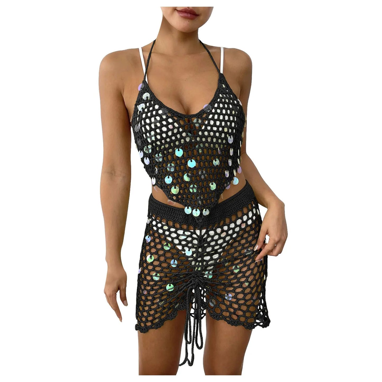Hollow Out Crochet Bikini Two-Piece Cover Up Shirt Womens' Swimwear Set Sequin Splicing Vacation Beach Set Summer Swimsuits