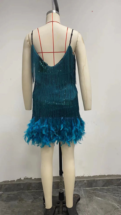 Summer Fashion Elegant Tassel Sequin Dress Women's Sexy Slim Sleeveless V-neck High Waist Suspender Feather Stitching Dresses