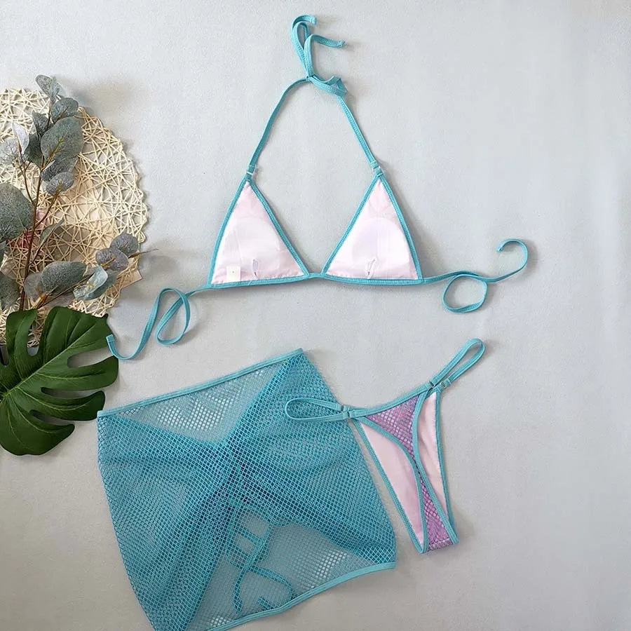 SINGREINY Mesh Sheath Sexy Bikini Sets Female Mini Camis Briefs+Short Skirt Set Fashion Drawstring Sensual Beach 3 Pieces Suits