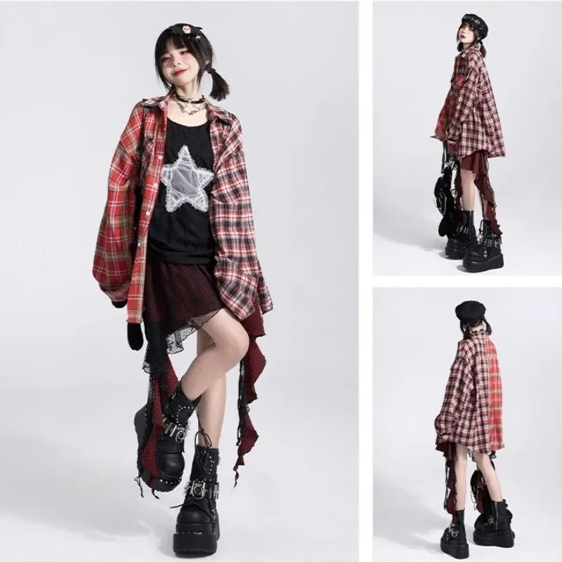 Y2K Skirts for Women Japanese Sweet Harajuku Mujer Faldas Punk Irregular Aesthetic Skirt Gauze Patch Plaid Vintage Faldas