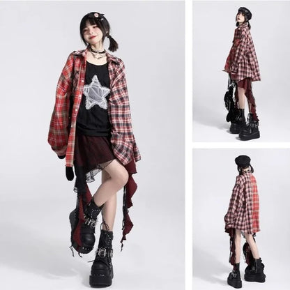 Y2K Skirts for Women Japanese Sweet Harajuku Mujer Faldas Punk Irregular Aesthetic Skirt Gauze Patch Plaid Vintage Faldas