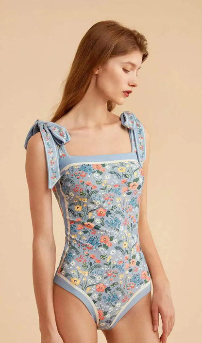 Y2K Fashion Women Floral One Piece Swimsuits Reversible Tie Shoulder Monokini Tummy Control Bathing Suits Square Neck Swimwear