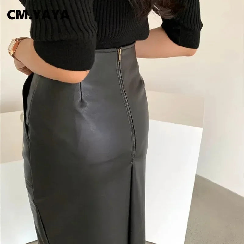 CM.YAYA Women High Waist PU Leather Vintage Straight Split Skirt 2025 Winter Street Pockets Basic Club Party Long Midi Skirts