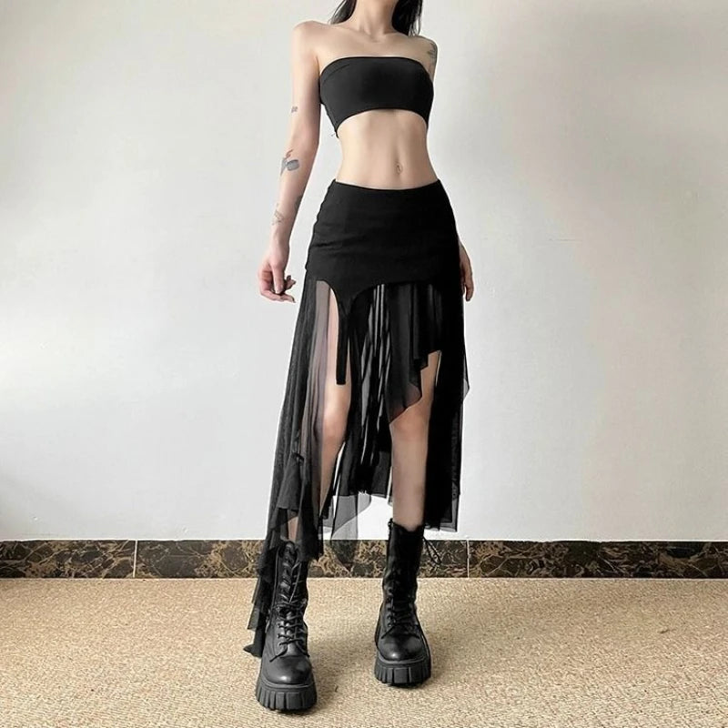 Deeptown Vintage Sexy Slit Skirt Women Y2k Elegant Irregular Sweet Ruffle Skirts Korean Style Tulle Streetwear Layered Skirts