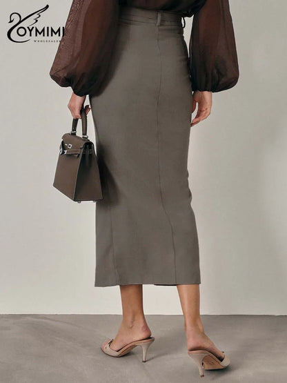 Oymimi Fashion Khaki Slim Skirts For Women Elegant High Waisted Zipper Solid Skirts Casual Pocket Straight Mid-Calf Skirt Female