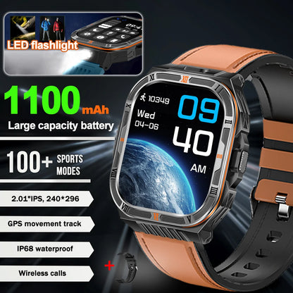 New 1100mAh Big Battery Smart Watch Men Outdoor Compass Bluetooth Call IP68 Waterproof Sports 2.01 Inch Flashlight Smart Watch