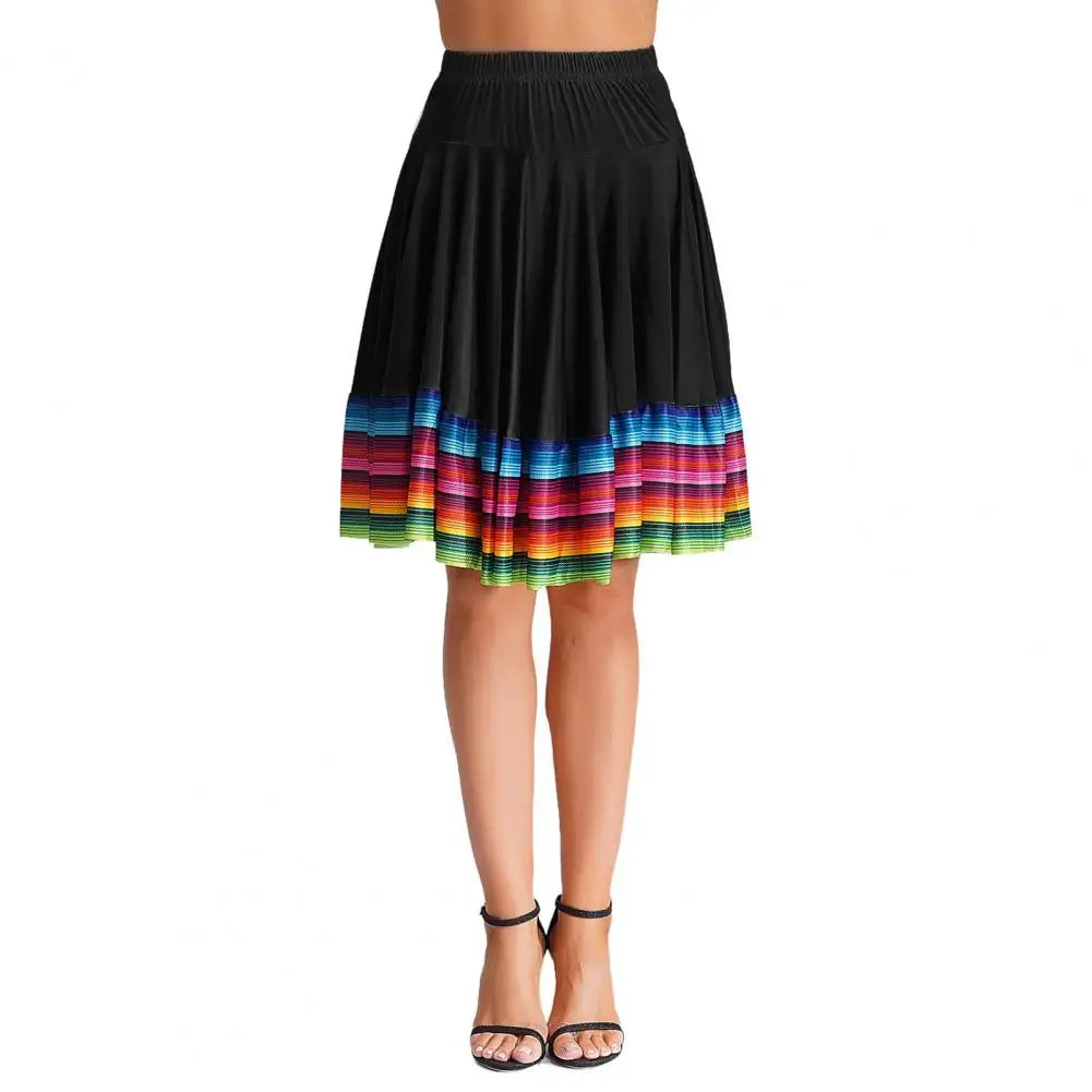 Midi Skirt Ladies Folk Dance Skirt Elastic High Waist Spanish Swing Skirt Rainbow Large Swing Hem Mexican Flamenco Dance Skirts