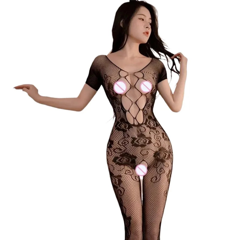 Women Sexy Lingerie Crotchless Porn Fishnet Mesh Erotic Bodysuit Female Stretch Open Crotch Porn Teddy Hollow Out Bodystockings