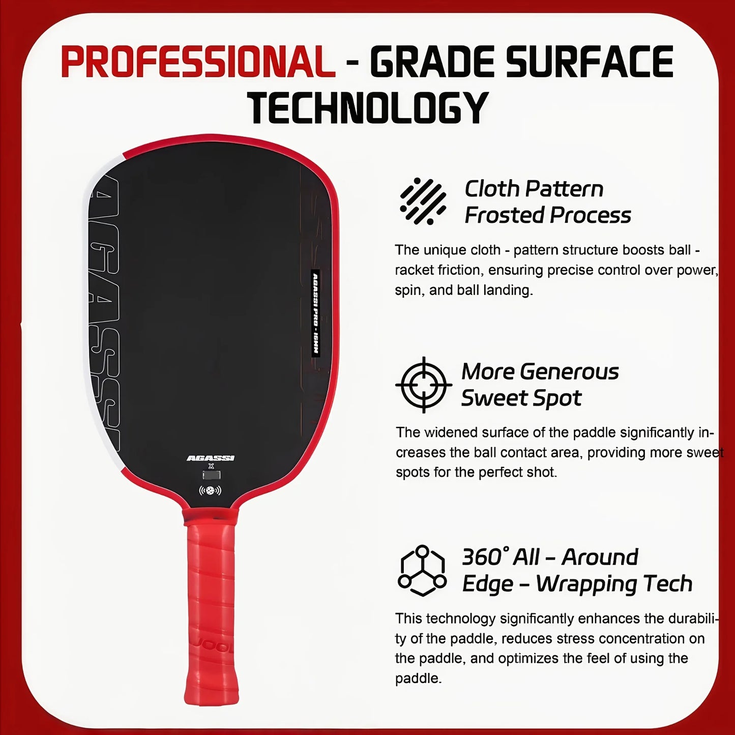 Agassi Pro IV 16mm Pickleball Paddle GEN 4 TFP Foam Core T700 Carbon Fiber Pickleball Rackets Increases Spin & Control