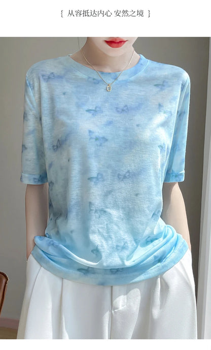 Spring And Summer New Lyocell Short Sleeve Sweater Loose Thin Half Sleeve T-shirt Printed Top