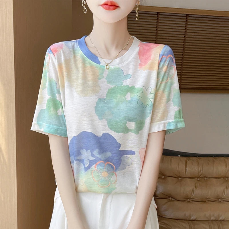 Spring And Summer New Lyocell Short Sleeve Sweater Loose Thin Half Sleeve T-shirt Printed Top