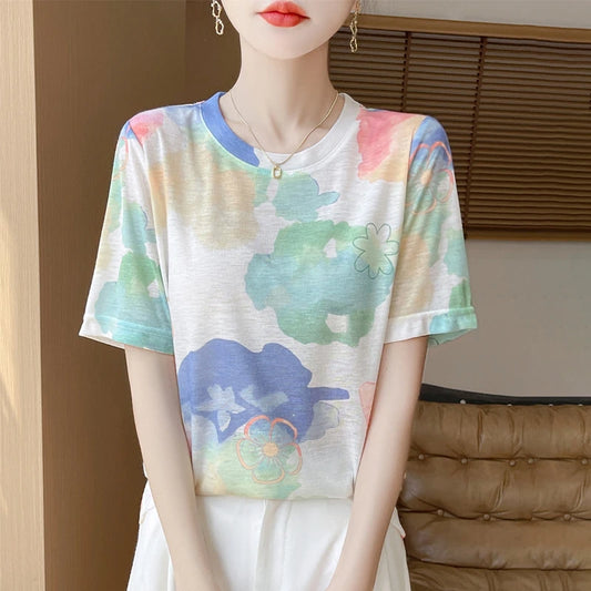 Spring And Summer New Lyocell Short Sleeve Sweater Loose Thin Half Sleeve T-shirt Printed Top