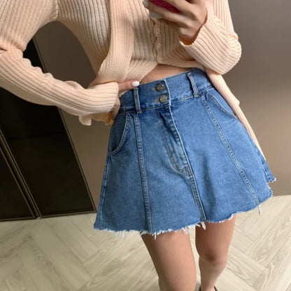 Chic High Waist A-Line  Skirt Women's Jeans ort Skirt Spring Vintage Slimming Splicing Hemming Girl's Faion Commute