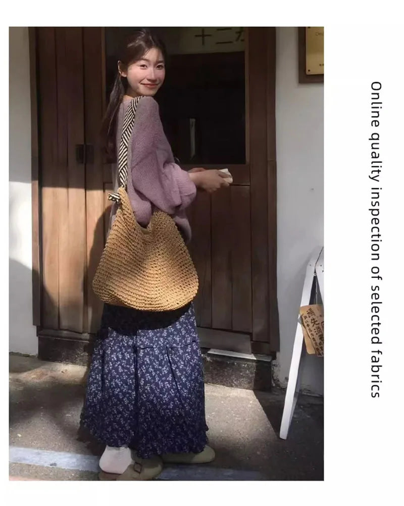 New Elegant Dark Blue Floral Women High-Waisted Retro Blue Floral Skirt Female A-line Skirt Casual Lazy Wind Long Skirt