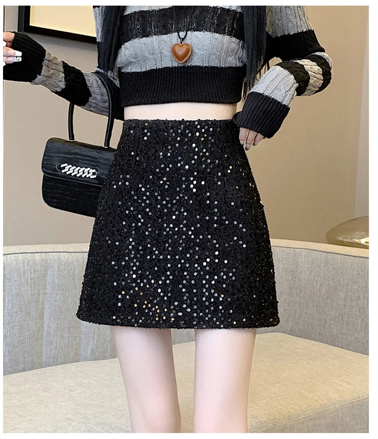 Fashion Y2K Streetwear Winter Mini Skirt Women Glitter Sequin Bodycon Tweed Skirts With Shorts A-Line Pink White Black Faldas