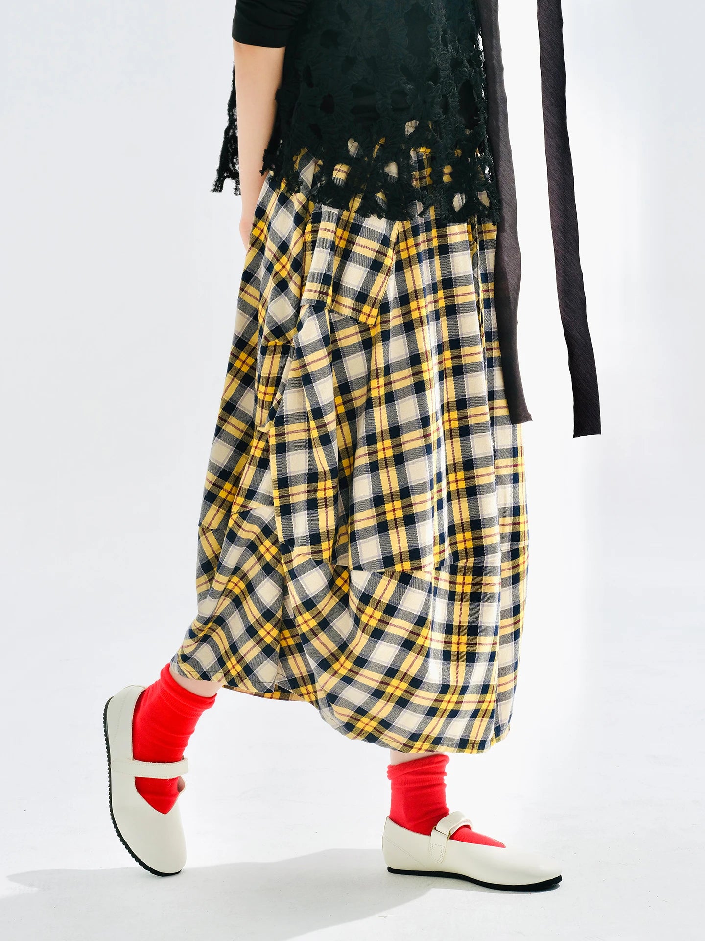 Yellow checkered skirt 2025 imakokoni original autumn Japanese color woven artistic pure cotton lantern skirt for women 255122