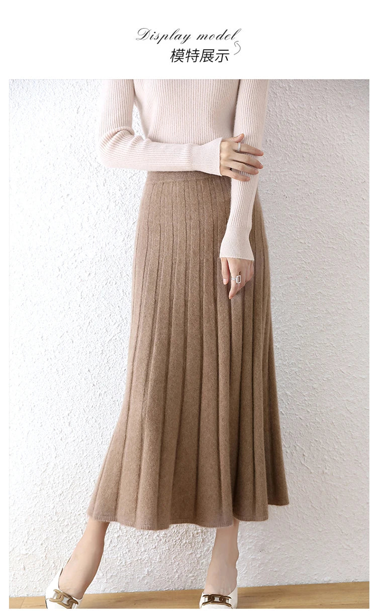 High-end 2022 Autumn/Winter New 100% Pure Wool Women's Thick Warm Elegant Pleated Skirt Fashion A Line Knitted Skirt 4 Colors