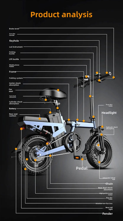 14-inch foldable E-Bike aluminum alloy explosion-proof tire electric bicycle for adults with multiple shock absorption bicycles