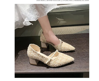 Woman Sexy High Heels New Elegant Wedding Dress Shoes Ladies Shallow Office Party Shoes Tweed Style Side Hollow Single Shoes