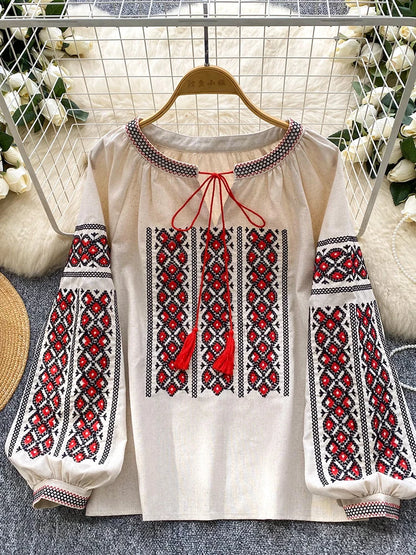 Women Autumn Blouse Bohemian Retro Ethnic Style Embroidered Shirt Loose Lantern Sleeve Top Female Pullovers 3 Colors BL246