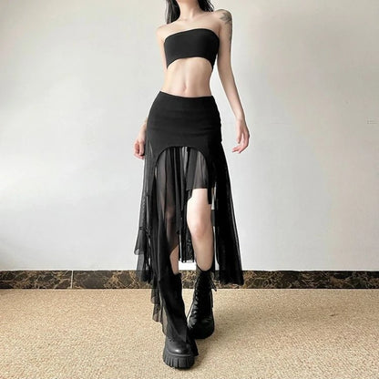 Deeptown Vintage Sexy Slit Skirt Women Y2k Elegant Irregular Sweet Ruffle Skirts Korean Style Tulle Streetwear Layered Skirts