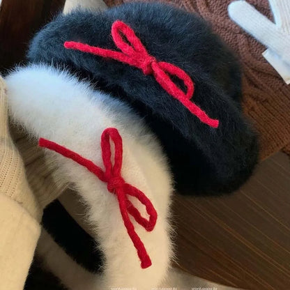 Top Hat Vintage Looking Black Bowler Hats Beret Japanese Style Woolen Bucket Cap Bow Versatile White Dome Hat Winter