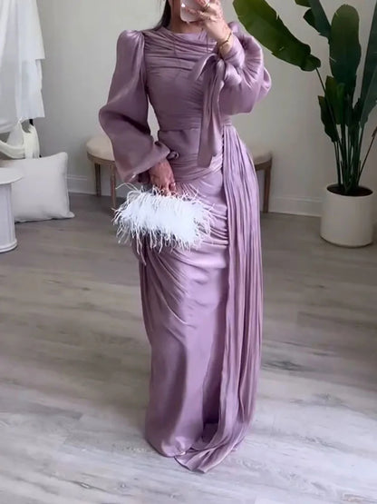 Fashion Lantern Sleeves Autumn Party Dress 2025 Elegant Solid Color Lace Up Dress Ladies O-neck High Waisted Pleated Long Dress