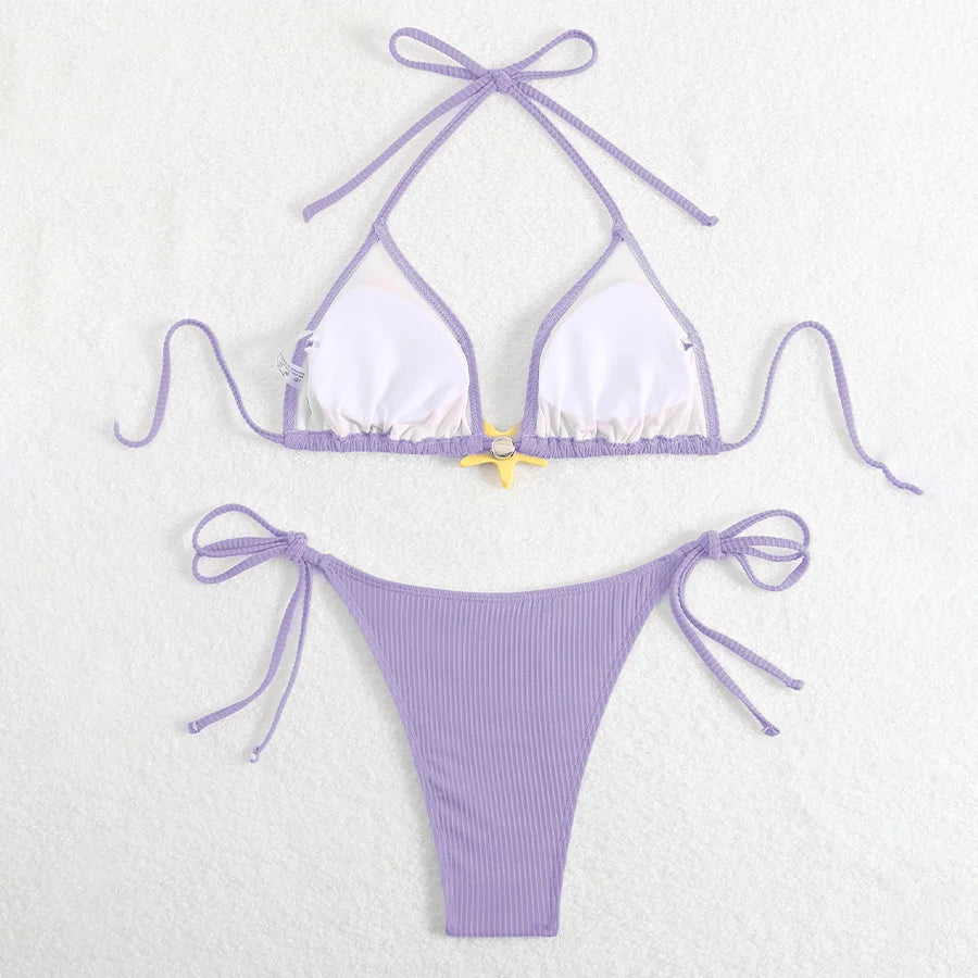 Women Swimsuits Separate Halter Bikinis Set With Chest Pad Solid Color With Starfish Beachwear Summer Vacation Two-Piece Sets