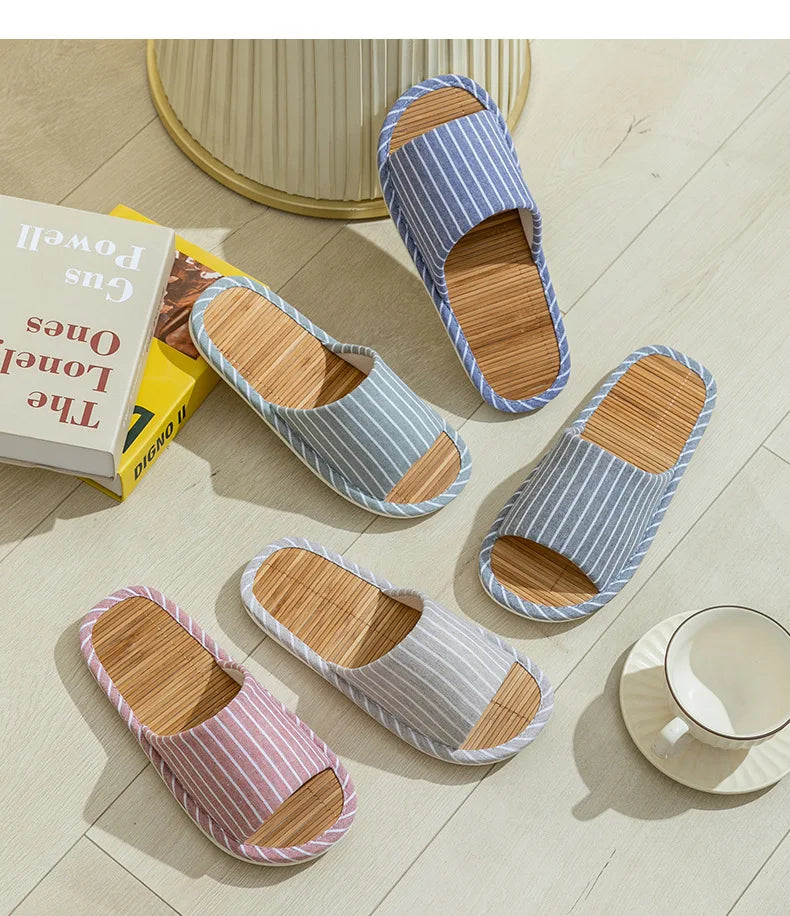 Striped Slippers Bamboo Women Autumn Home Couples Indoor House Non Slip Funny Sandals Shoes Male Soft Flat Summer For Tatami