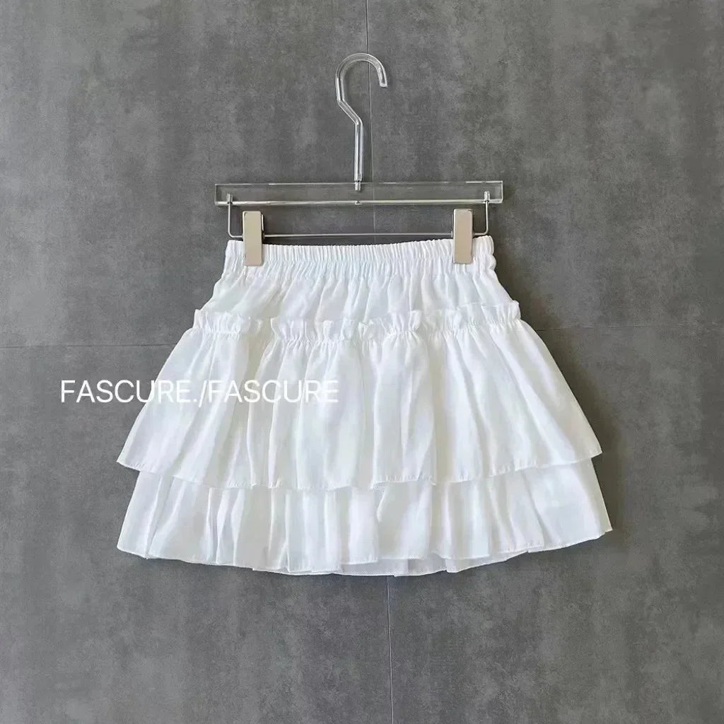 Summer Kawaii Pleated A-Line Skirt for Women White Ruffle Tiered Sweet Style Elastic Waist Summer Slim Korean Harajuku Dress