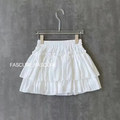 Summer Kawaii Pleated A-Line Skirt for Women White Ruffle Tiered Sweet Style Elastic Waist Summer Slim Korean Harajuku Dress
