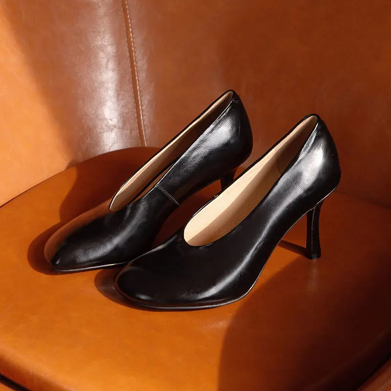 Woman Shoes Sexy Heeled For Retro Pumps French Style Leather Pumps Slip On European Spring High Heels Handmade Vintag Dress Pump