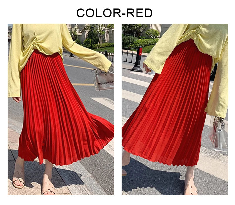 Womens Chic Pleated Swing Long Skirt with Liner Korean Fashion Kawaii Elastic High Waist OL Chiffon Shirring Mermaid Skirts K77