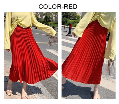 Womens Chic Pleated Swing Long Skirt with Liner Korean Fashion Kawaii Elastic High Waist OL Chiffon Shirring Mermaid Skirts K77